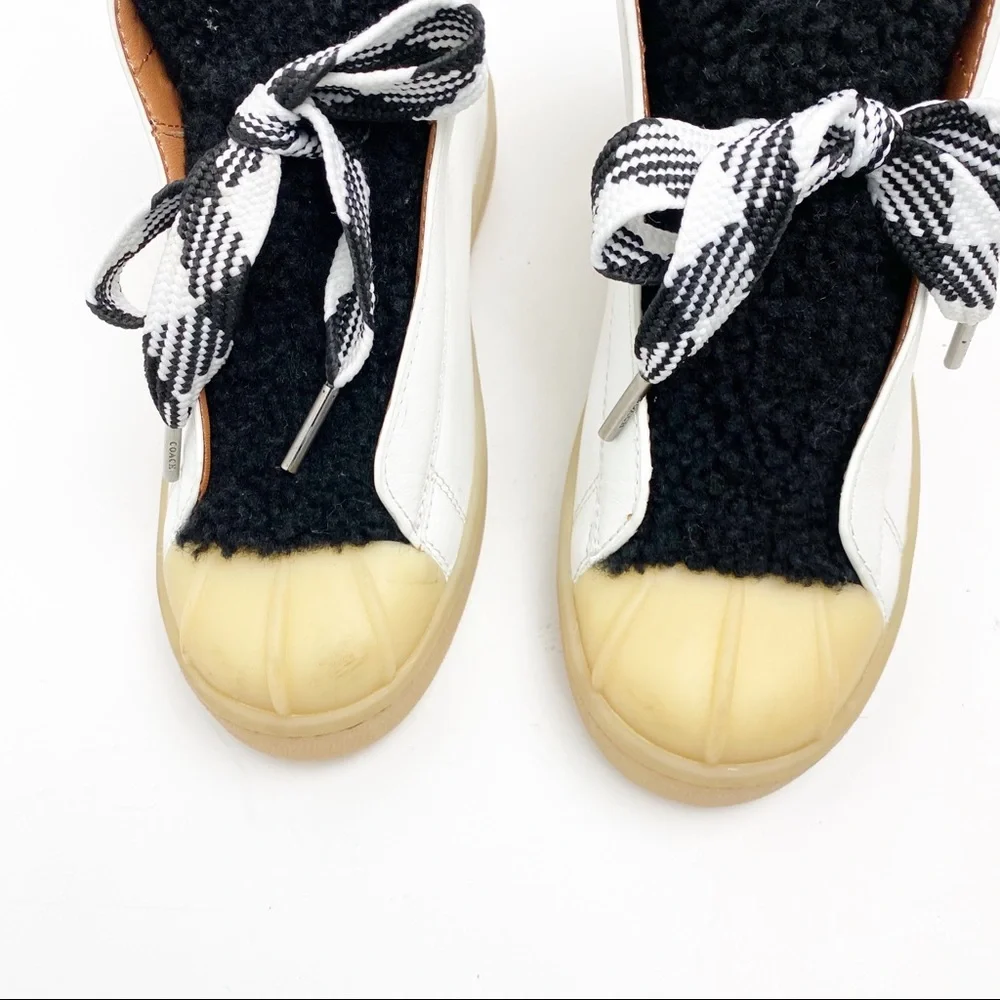 COACH Leather Colorblock High-Top Platform Wedge Shearling Boot Sneakers Size 6